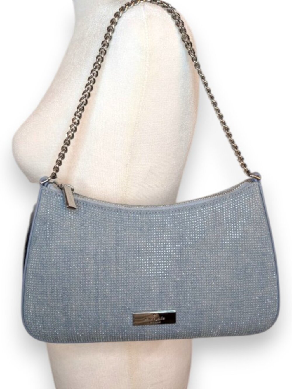 Kate Spade Madison Denim Rhinestone Studded Convertible Crossbody Light Blue - Picture 2 of 13